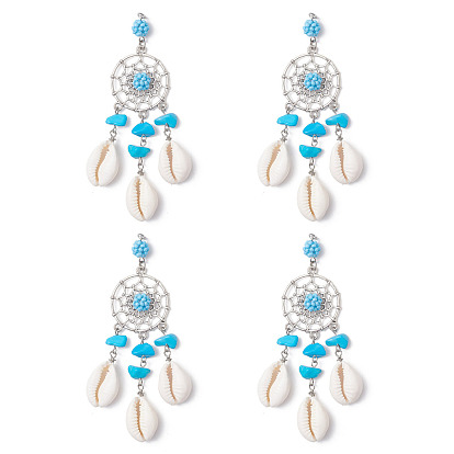 Сплетенная из сплава паутина/сетка с бусинами из синтетической бирюзы и кисточками из натуральных ракушек каури, большие подвески, со стеклянными бисеринами, глубокое синее небо