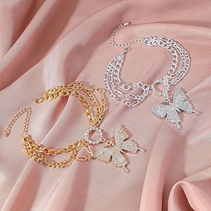 Браслеты на ногу из сплава с бабочками, многослойные, со стразами