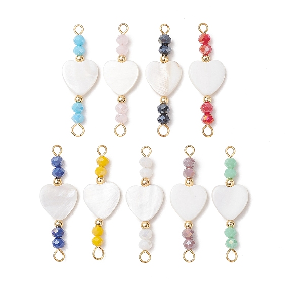 9шт. 9 цвета, натуральные пресноводные ракушки и гальванизированные стеклянные бусины, соединительные подвески, шарма сердца, с латунными бусинами и 304 штифтами из нержавеющей стали.
