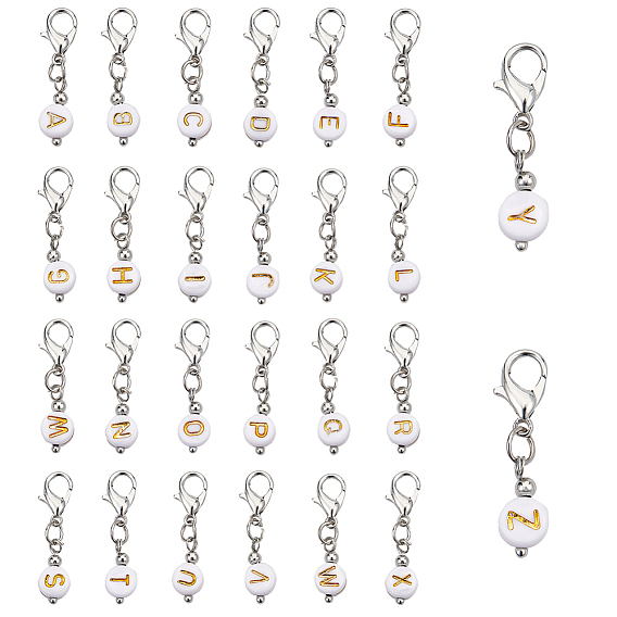 2 комплекты позолота акриловые подвески украшения, с застежками-лобстерами из цинкового сплава и железными накладками, плоско-круглые с алфавитами 