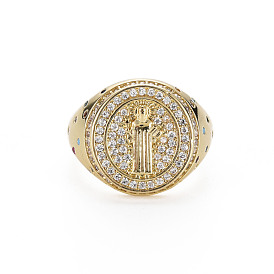 Rond plat en zircone cubique colorée avec anneau de manchette à large bande de jésus, chevalière en laiton pour femme, sans nickel