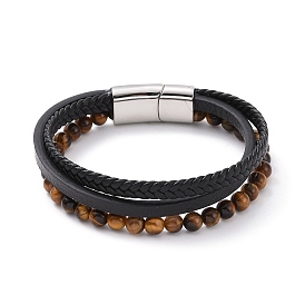 Microfiber Multi-strand Bracelets, Braided Cord & Natural Tiger Eye Beaded Bracelets for Men Women, with 304 Stainless Steel Magnetic Clasps