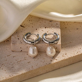 Stainless Steel Earrings with Natural Freshwater Pearl Pendant - Fashionable and Elegant