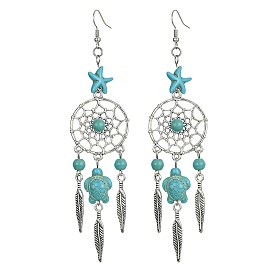 Web with Feather Alloy Chandelier Earrings, Tortoise & Starfish Synthetic Turquoise Long Drop Earrings