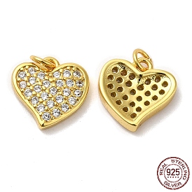 925 Sterling Silver Micro Pave Cubic Zirconia Charms, Asymmetrical Heart Charm, with Jump Ring