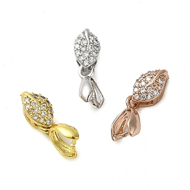 Rack Plating Brass Micro Pave Clear Cubic Zirconia Ice Pick Pinch Bails, Long-Lasting Plated, Lead Free & Cadmium Free, Leaf