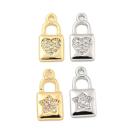 Brass Micro Pave Clear Cubic Zirconia Pendants, Lock Charms