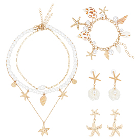 Комплекты ювелирных изделий, включая серьги-гвоздики в виде морских звезд, Кулон в виде морской звезды из сплава, раковины и бусин из искусственного жемчуга 3 многослойное ожерелье, Браслеты из ракушечных бусин для женщин