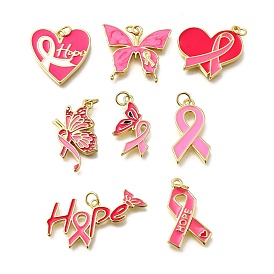 Октябрь рак груди розовая лента осведомленности латунные эмалевые подвески, с целью перехода в кольце, реальный 18 k позолоченный