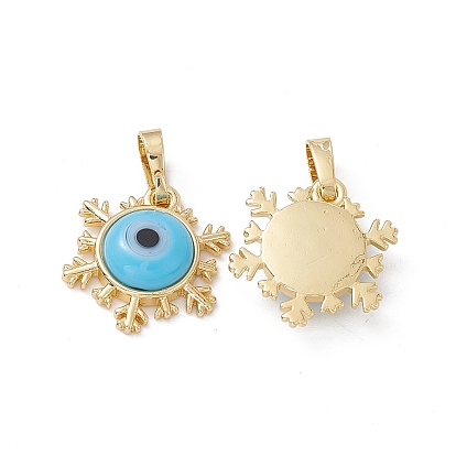 Handmade Evil Eye Lampwork Pendants, with Rack Plating Real 18K Gold Plated Brass Findings, Long-Lasting Plated, Snowflake Charm