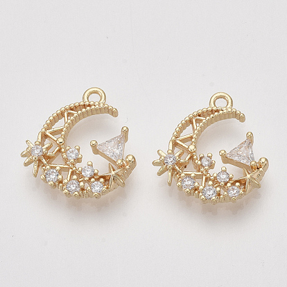 Brass Micro Pave Cubic Zirconia Pendants, Moon, Clear, Nickel Free