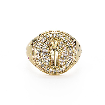 Rond plat en zircone cubique colorée avec anneau de manchette à large bande de jésus, chevalière en laiton pour femme, sans nickel