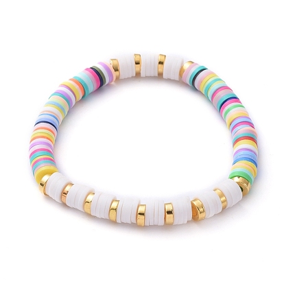 Bracelets élastiques, avec des perles heishi en argile polymère faites à la main et écologiques et des perles en alliage de style tibétain