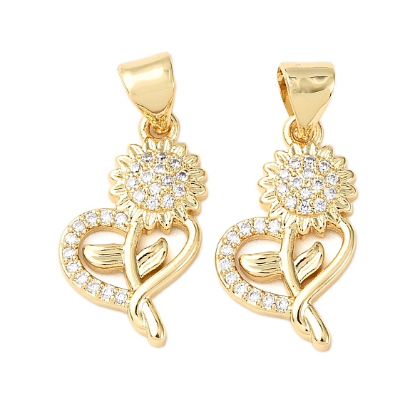 Латунные микропаве прозрачные подвески с фианитом, стойки покрытие, долговечный, без свинца и без кадмия, сердце с цветочным шармом