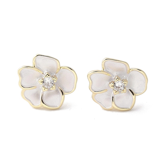 Camellia Brass Enamel Stud Earring Findings, Long-lasting Plated, Flower
