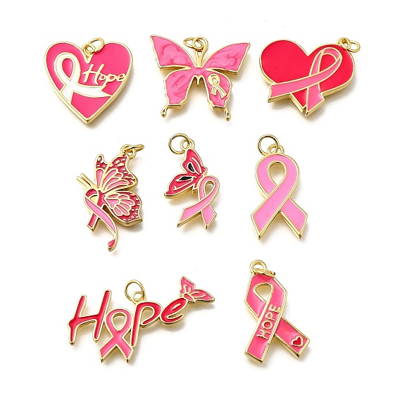 Октябрь рак груди розовая лента осведомленности латунные эмалевые подвески, с целью перехода в кольце, реальный 18 k позолоченный
