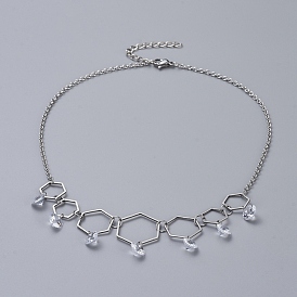 304 Stainless Steel Necklaces, with Cubic Zirconia Charms, Hexagon Linking Rings, Cable Chains & Lobster Claw Clasps