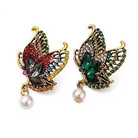 Butterfly Alloy Rhinestone Brooches, with Imitation Pearl Beads, Antique Golden