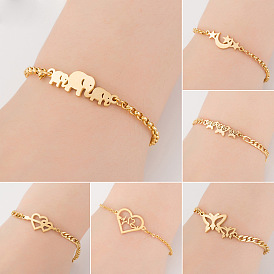 18K Gold Arrow Heart Bracelet with Stainless Steel Elephant, Geometric Stars and Moon Charm for Women