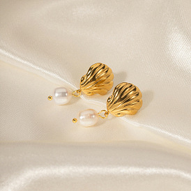 18K Gold Seashell & Freshwater Pearl Earrings - Fashionable and Versatile for Women