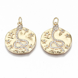 Hammered Brass Micro Pave Clear Cubic Zirconia Pendants, with Jump Ring, Nickel Free, Flat Round with Snake & Star