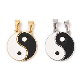 304 Stainless Steel Split Pendants, with Enamel, Flat Round with Yin-yang Charm