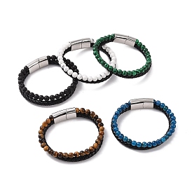 Natural Mixed Gemstone Beaded & Microfiber Leather Cord Double Layer Multi-strand Bracelet, Wristband with 304 Stainless Steel Magnetic Buckle for Men Women