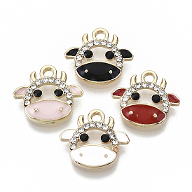 Eco-Friendly Zinc Alloy Charms, with Enamel and Crystal Rhinestone, Cadmium Free & Nickel Free & Lead Free, Cow, Light Gold