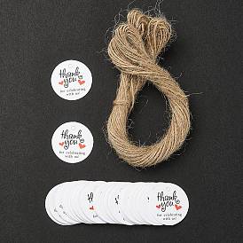 100Pcs Thanksgiving Themed Flat Round Paper Hang Gift Tags, with Hemp Cord