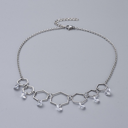 304 Stainless Steel Necklaces, with Cubic Zirconia Charms, Hexagon Linking Rings, Cable Chains & Lobster Claw Clasps