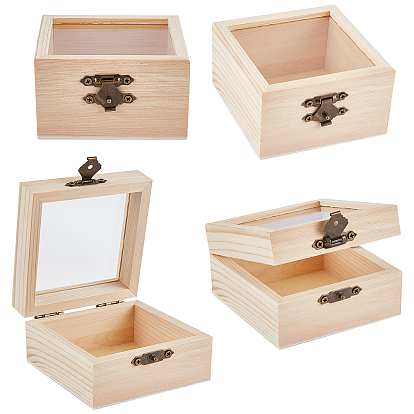 Square Unfinished Wooden Box, with Hinged Lid and Front Clasp, Clear Glass Window