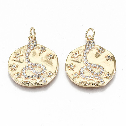 Hammered Brass Micro Pave Clear Cubic Zirconia Pendants, with Jump Ring, Nickel Free, Flat Round with Snake & Star