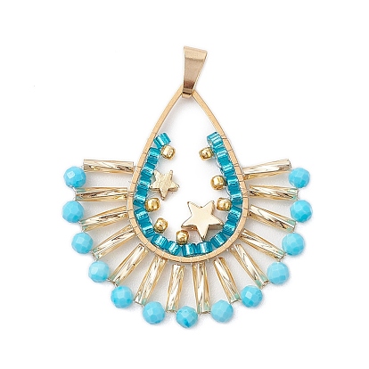 Подвески из витого стеклянного веера в стиле бохо с бусинами, с 201 фурнитурой из нержавеющей стали, латунными бусинами и бусинами из натурального магнезита