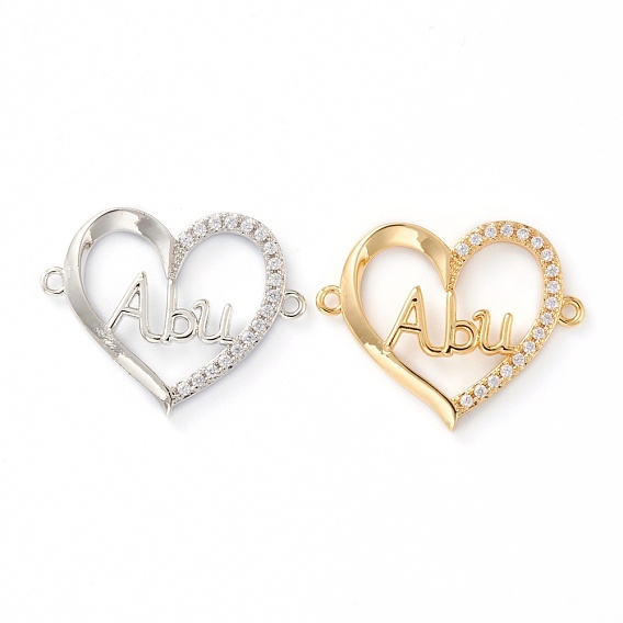 Brass Micro Pave Clear Cubic Zirconia Links, Long-Lasting Plated, Heart with Word Abu