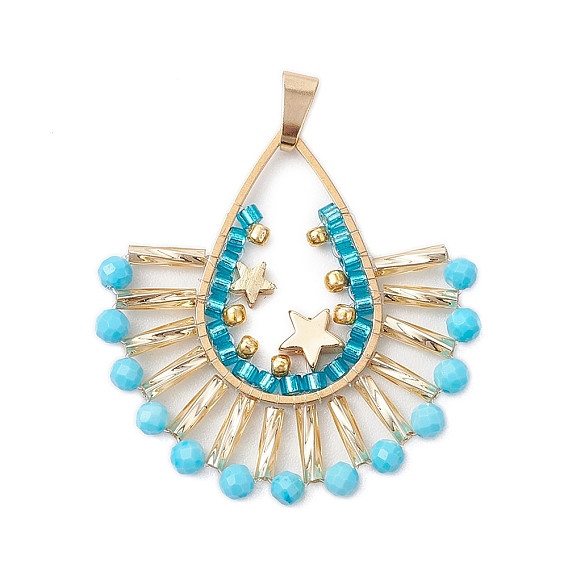 Подвески из витого стеклянного веера в стиле бохо с бусинами, с 201 фурнитурой из нержавеющей стали, латунными бусинами и бусинами из натурального магнезита