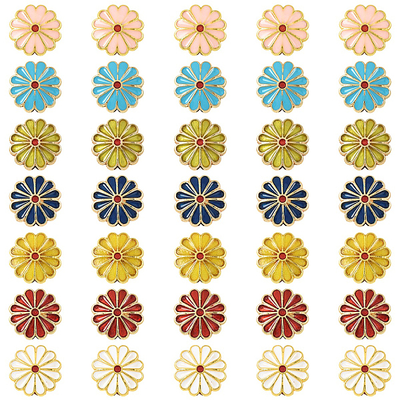 35pcs 7 perles d'émail en alliage de couleurs, or, fleur