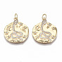 Hammered Brass Micro Pave Clear Cubic Zirconia Pendants, with Jump Ring, Nickel Free, Flat Round with Snake & Star