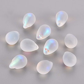 Transparent Spray Painted Glass Charms, AB Color Plated, Frosted, Teardrop