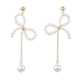 Pearl Pendants Earrings, with 304 Stainless Steel Finding, Bowknot