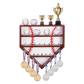Wall-mounted Pine Wood Organizer Display Stands for Championship Rings, Pentagon with Baseball Pattern