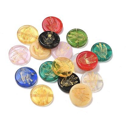 Baking Paint Transparent Glass Beads, Golden Metal Enlaced, Flat Round with Leaf
