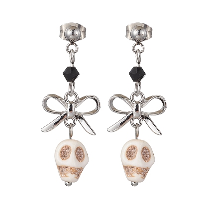 Synthetic Turquoise Skull Stud Earrings, 304 Stainless Steel Earring Findings for Women