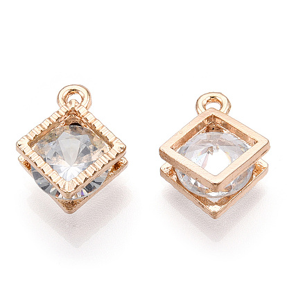 Alloy Charms, with Clear Cubic Zirconia, Rhombus Charm