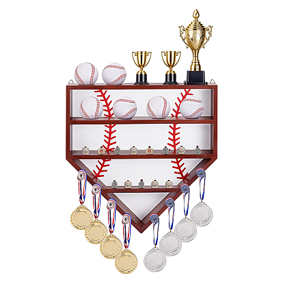 Wall-mounted Pine Wood Organizer Display Stands for Championship Rings, Pentagon with Baseball Pattern