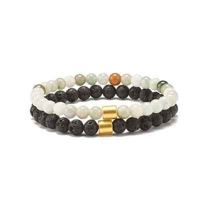 2Pcs 2 Style Natural Jadeite & Lava Rock Round Beaded Stretch Bracelets Set with Column Synthetic Hematite, Oil Diffuser Power Stone Jewelry for Women