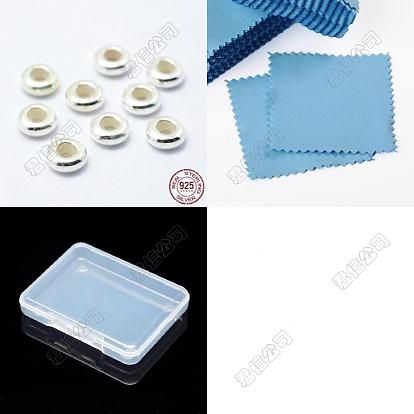 10pcs 925 perles en argent sterling, avec chiffon de polissage carré en caoutchouc et en daim pour argent, perles de curseur, rondelle