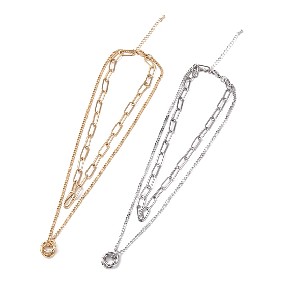 304 Stainless Steel Double Chains Multi Layered Necklace with Rings Charm for Women
