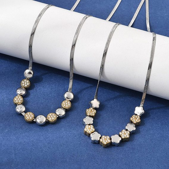 Colliers à pendentif plat en acier inoxydable, serti de micro-pavés de zirconiums cubiques transparents, bicolores et à chaîne serpent