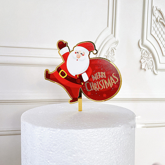 Acrylic Cake Toppers, Cake Inserted Cards, Christmas Themed Decorations, Santa Claus with Word Merry Christmas