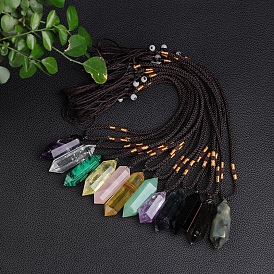 Natural & Synthetic Mixed Gemstone Bullet Pendant Necklaces with Braided Cords